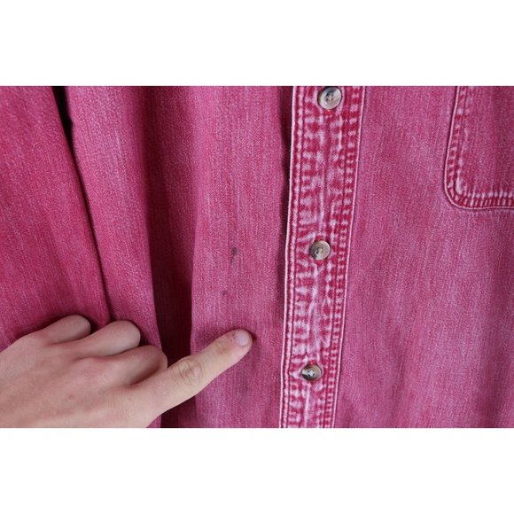 Vintage 90s Lands End Mens 2XL Faded Stonewashed Denim Button Shirt Red Cotton - Picture 4 of 8